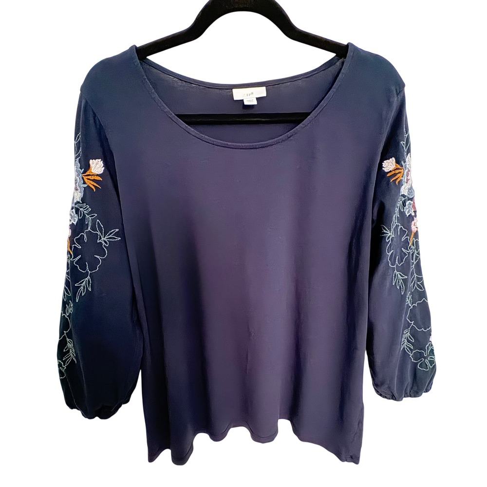 J.Jill Blouse Women Large Petite Navy Blue Good Floral Embroidered 3/4 Sleeve - Picture 2 of 10